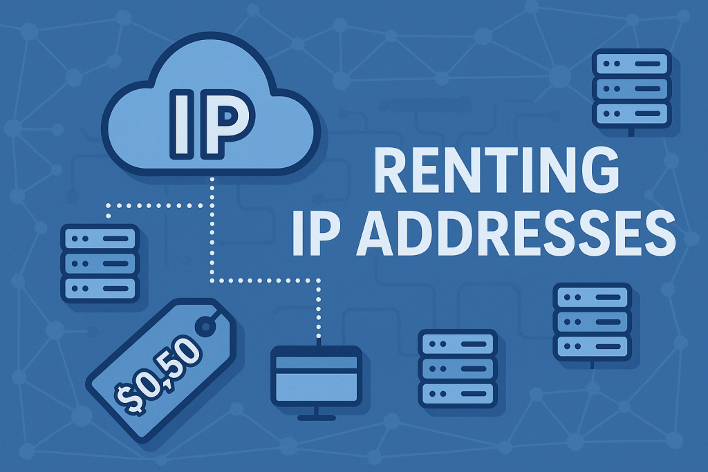 Flat-design illustration showing cloud computing and servers connected with dotted lines, representing affordable IP address rental services starting at $0.50 per IP per month.
