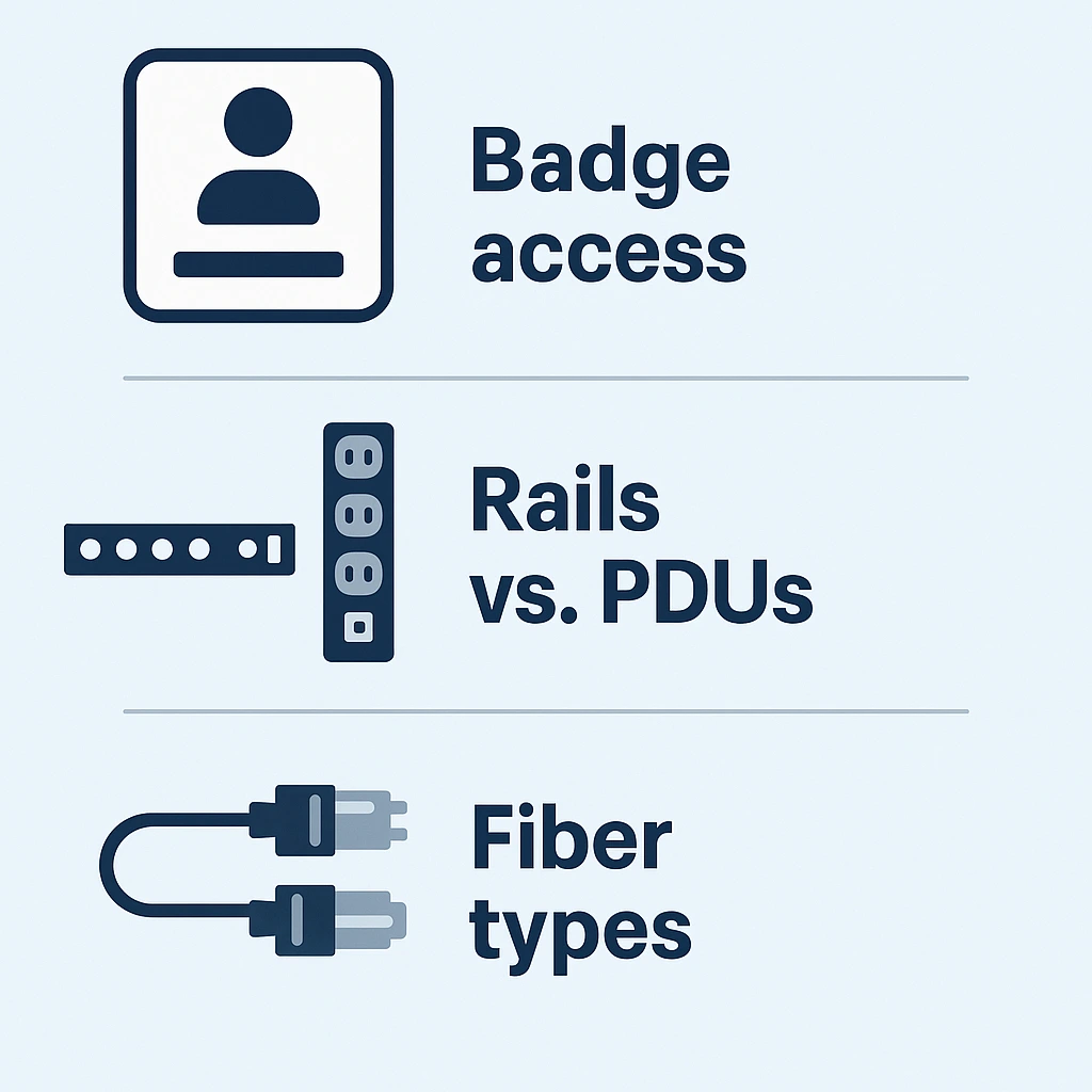 data center checklist: badge access, rails vs pdu fit, fiber types and transcievers