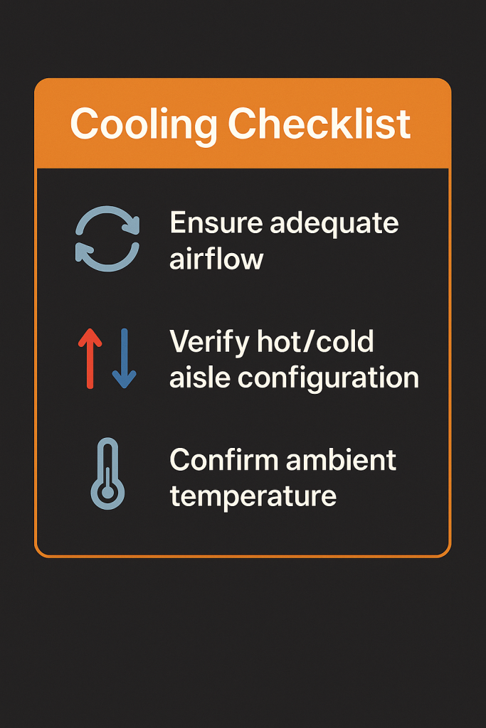 1u colocation cooling checklist, hot cold aisle, ambient temperature , airflow
