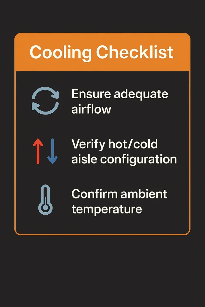 1u colocation cooling checklist, hot cold aisle, ambient temperature , airflow
