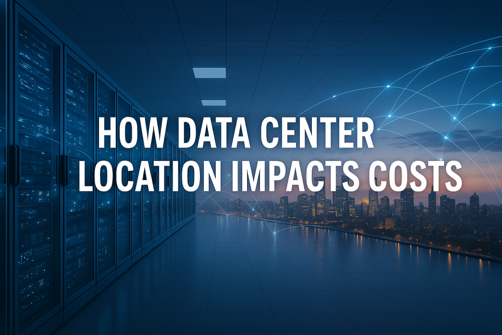 Modern data center with global network connections showing how location impacts power, Internet, and operational costs.
