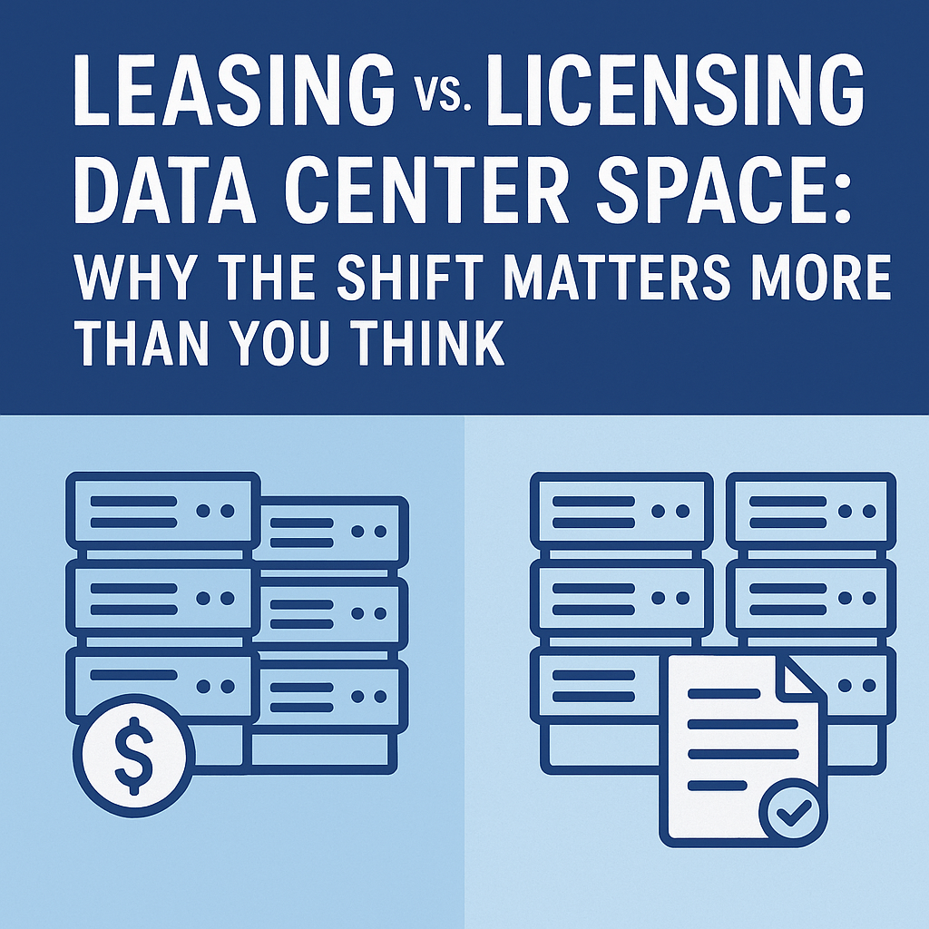 Server racks and networking cables inside a modern data center facility representing the leasing versus licensing debate in colocation services