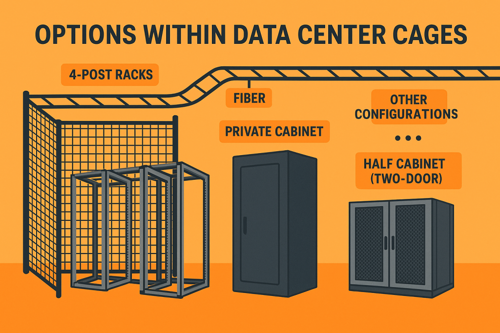 Isometric illustration showing data center cage configurations including four-post racks, private cabinets, and half-cabinets inside a secure mesh enclosure with an orange background.