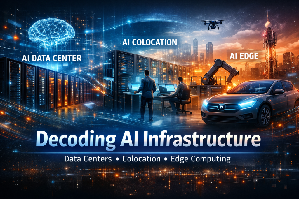 AI infrastructure illustration showing data center servers, colocation environment, and edge computing with autonomous car and robotics connected by digital data streams