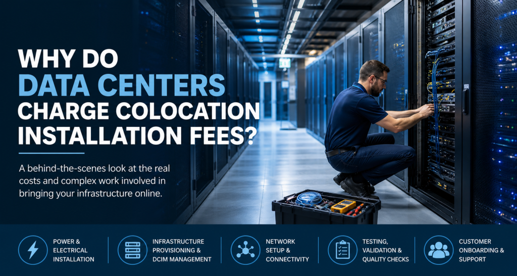 New York data center colocation facility with server racks, power distribution units, and technician installing infrastructure