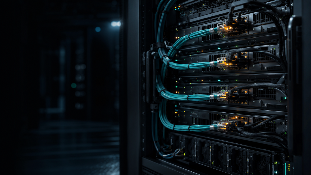 High-density AI server with accelerator hardware and high-speed network cabling for Tenstorrent AI hosting
